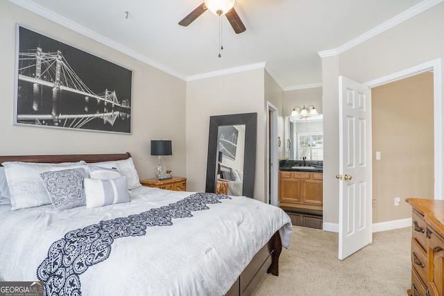 bedroom with light colored carpet, ensuite bathroom, ornamental molding, ceiling fan, and baseboards