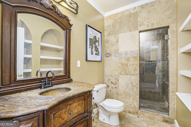 bathroom with ornamental molding, a stall shower, vanity, and toilet