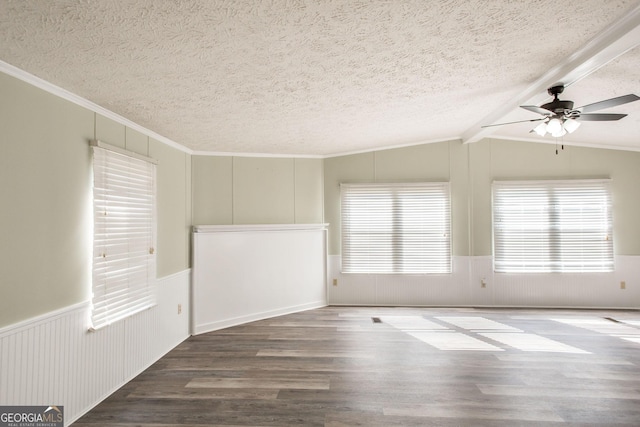 empty room featuring vaulted ceiling with beams, a wealth of natural light, wood-type flooring, and a textured ceiling