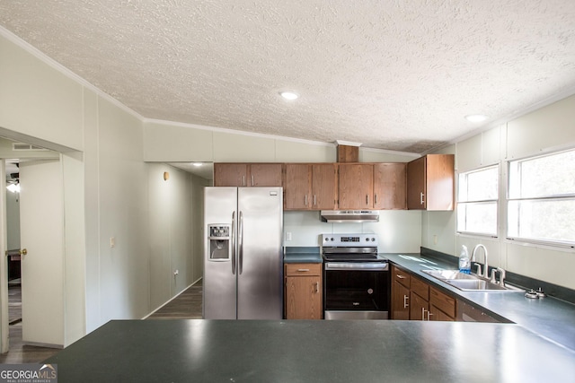 kitchen featuring vaulted ceiling, sink, ornamental molding, stainless steel appliances, and a textured ceiling