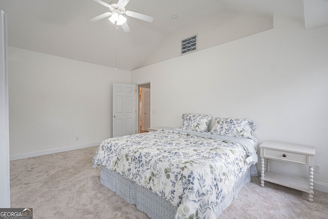 bedroom featuring light carpet, high vaulted ceiling, and ceiling fan