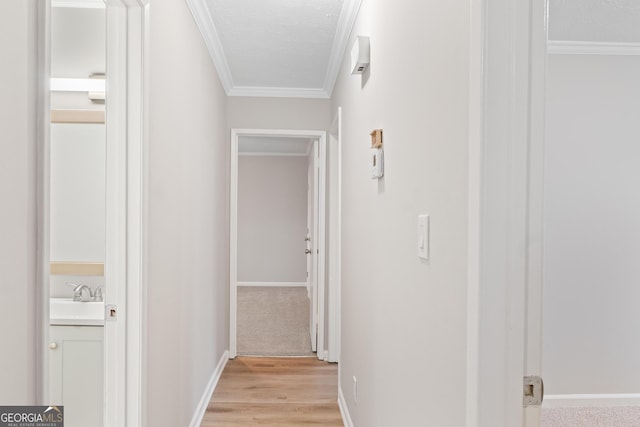 corridor featuring baseboards, a textured ceiling, ornamental molding, and a sink