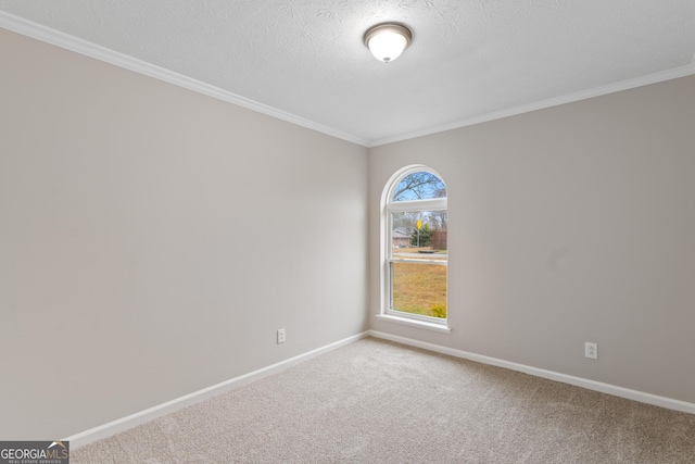 spare room with a textured ceiling, crown molding, carpet, and baseboards