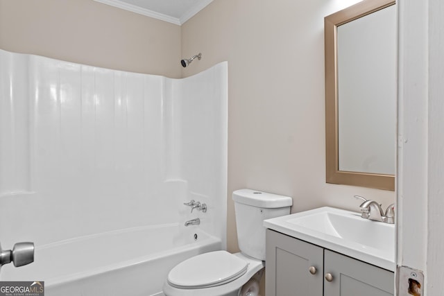 full bathroom with vanity, shower / washtub combination, ornamental molding, and toilet