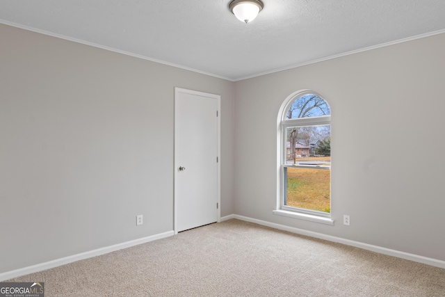 carpeted empty room featuring crown molding, a textured ceiling, and baseboards
