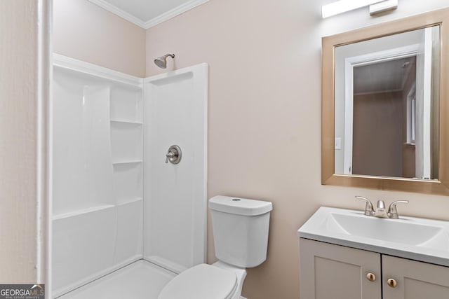 full bath featuring toilet, walk in shower, crown molding, and vanity