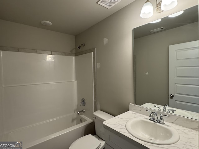 bathroom with toilet, shower / washtub combination, vanity, and visible vents