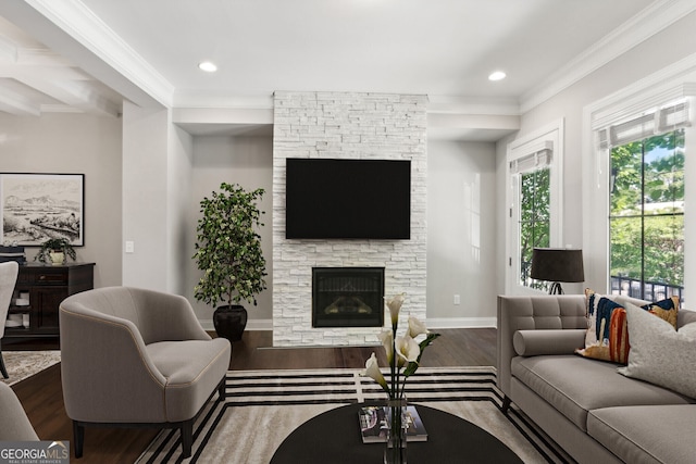 living room featuring ornamental molding, dark hardwood / wood-style floors, and a fireplace