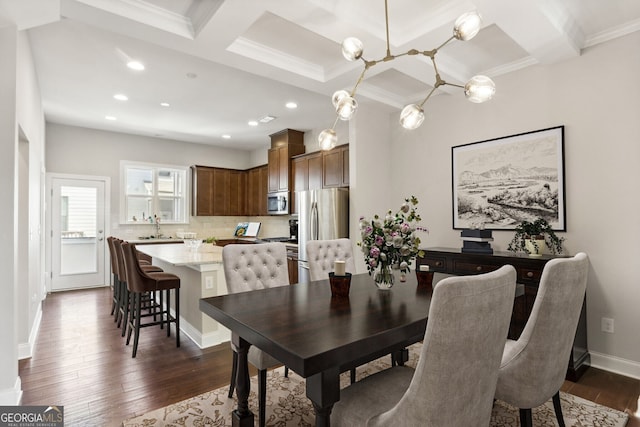 dining room with coffered ceiling, sink, dark wood-type flooring, and beamed ceiling