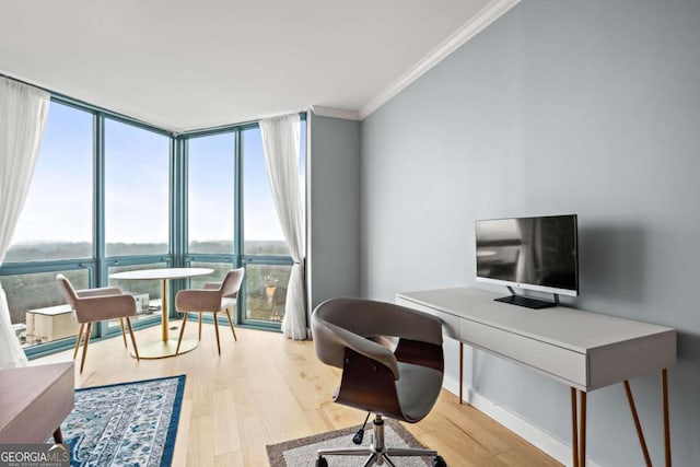 home office with floor to ceiling windows, ornamental molding, and light hardwood / wood-style floors