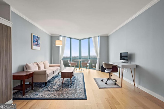 office with expansive windows, wood-type flooring, and crown molding