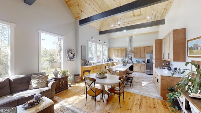 dining space with beam ceiling, light wood-type flooring, wood ceiling, and high vaulted ceiling