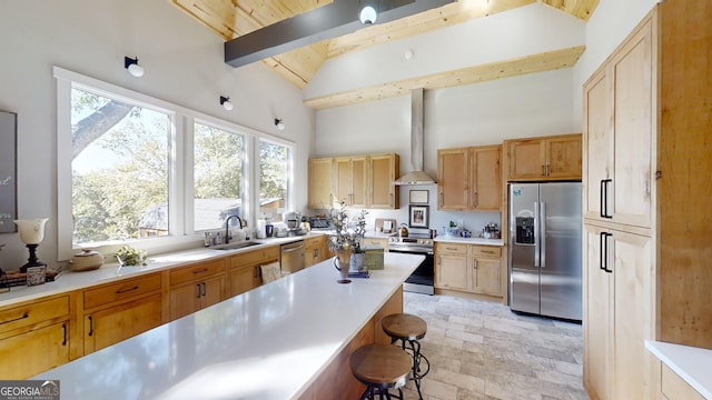 kitchen with wall chimney exhaust hood, a kitchen bar, sink, beamed ceiling, and stainless steel appliances