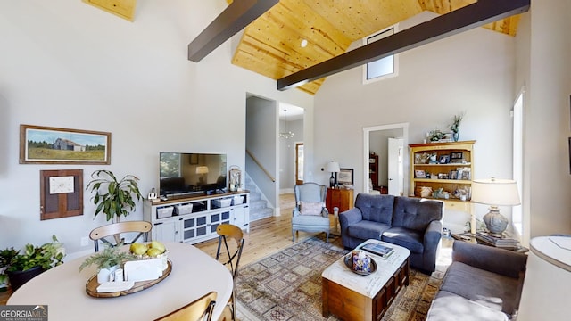 living room with wood ceiling, wood-type flooring, beam ceiling, and high vaulted ceiling