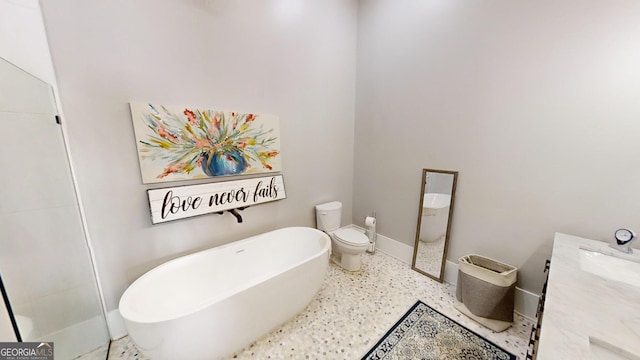 bathroom with vanity, a washtub, and toilet