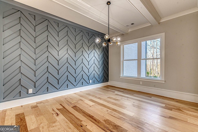 unfurnished dining area featuring beamed ceiling, a chandelier, and light hardwood / wood-style flooring