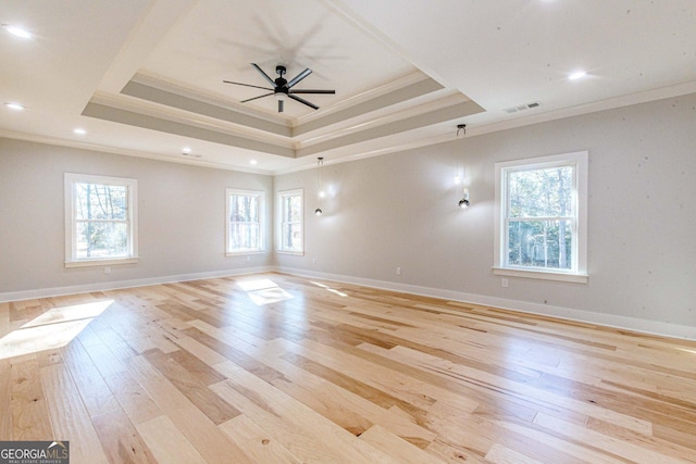 spare room with crown molding, ceiling fan, a raised ceiling, and light hardwood / wood-style flooring