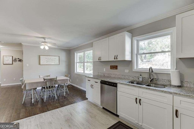 kitchen featuring sink, crown molding, white cabinetry, light stone countertops, and stainless steel dishwasher