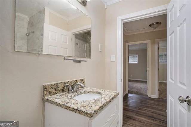 1146 Canal St, Decatur, GA 30032 - bathroom featuring crown molding, hardwood / wood-style floors, and vanity
