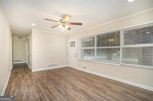 1146 Canal St, Decatur, GA 30032 - spare room with hardwood / wood-style floors, ornamental molding, and ceiling fan