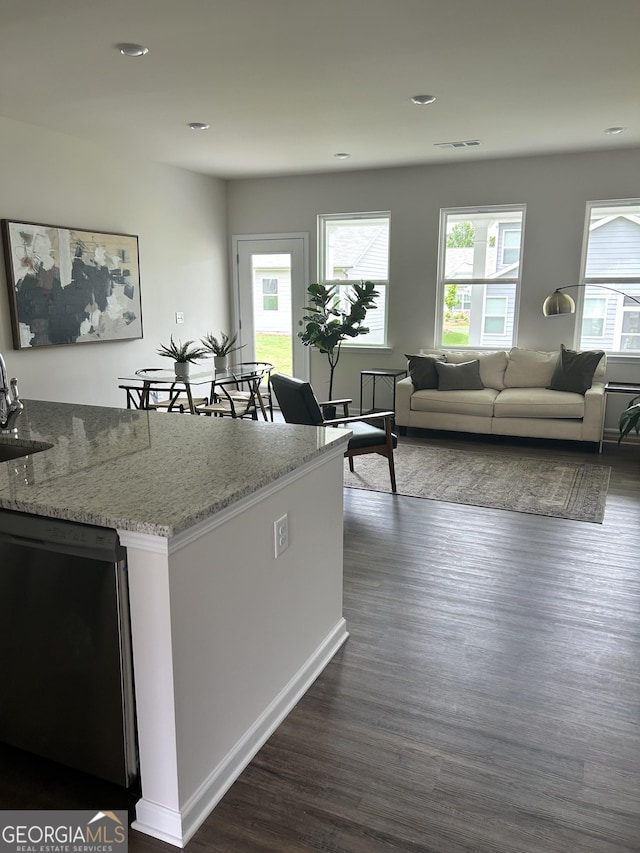 16 Wildflower Ln Unit 39, Dallas, GA 30132 - kitchen featuring dishwasher, dark wood-style flooring, light stone counters, and recessed lighting