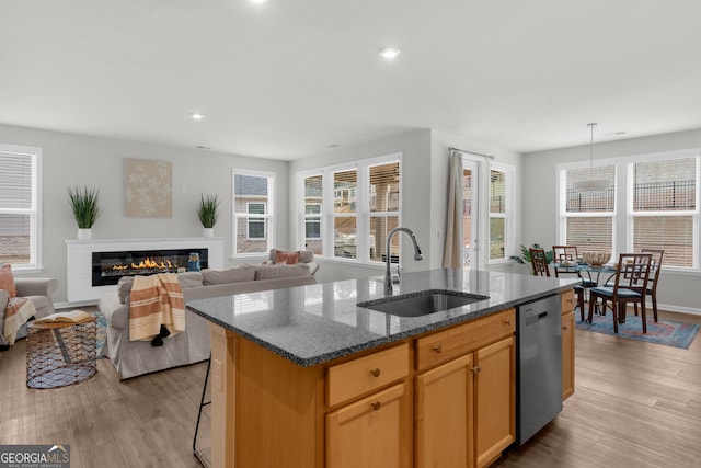 kitchen with light wood-style flooring, a sink, stainless steel dishwasher, an island with sink, and a glass covered fireplace