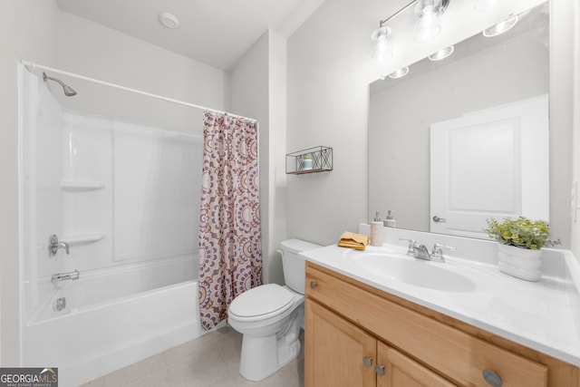 bathroom featuring toilet, tile patterned flooring, shower / bath combo with shower curtain, and vanity