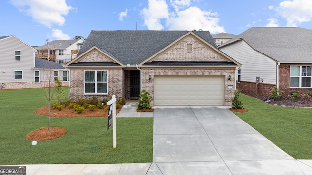 craftsman house with a garage, brick siding, driveway, and a front lawn