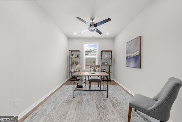 home office featuring a ceiling fan, baseboards, wood finished floors, and recessed lighting