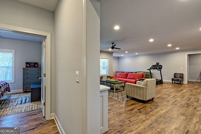 living room featuring ceiling fan, wood-type flooring, and a wealth of natural light