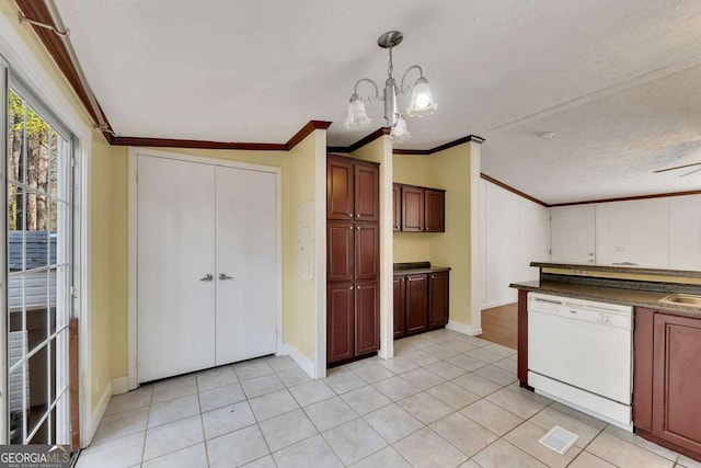 kitchen with light tile patterned flooring, an inviting chandelier, crown molding, dishwasher, and pendant lighting