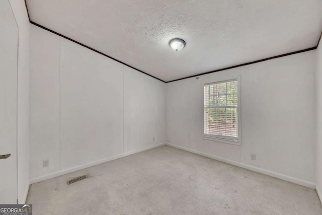 carpeted spare room featuring ornamental molding and a textured ceiling