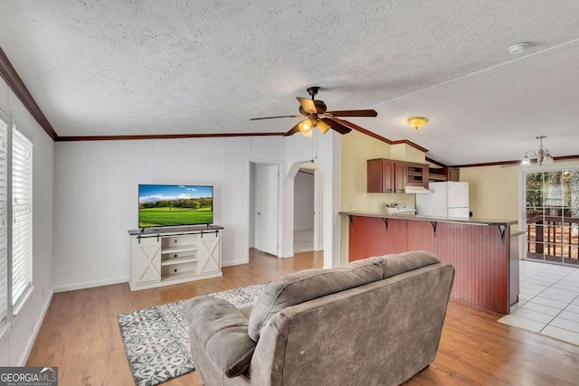 living room featuring crown molding, a healthy amount of sunlight, ceiling fan with notable chandelier, and light hardwood / wood-style flooring