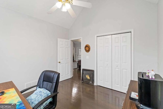 office with high vaulted ceiling and ceiling fan