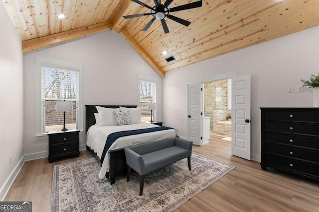 bedroom featuring multiple windows, wood ceiling, beam ceiling, and light wood-type flooring