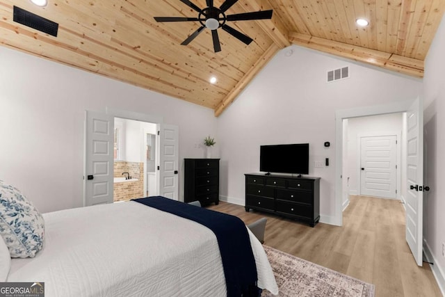 bedroom featuring ensuite bathroom, wood ceiling, wood-type flooring, high vaulted ceiling, and beam ceiling