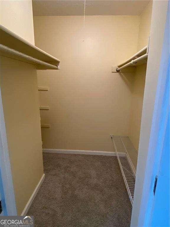 walk in closet with dark colored carpet