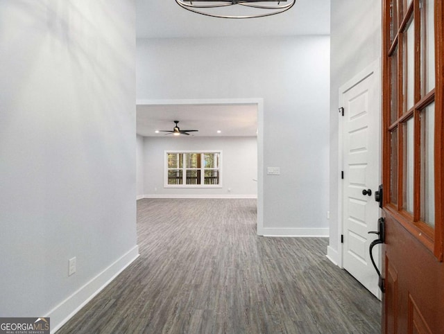 foyer featuring dark hardwood / wood-style floors and ceiling fan