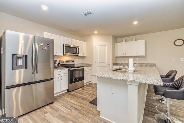 kitchen with appliances with stainless steel finishes, a kitchen bar, kitchen peninsula, and white cabinets