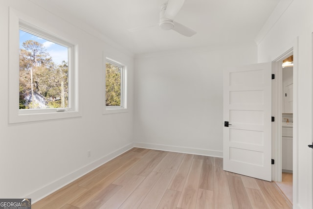 unfurnished room featuring crown molding, light hardwood / wood-style flooring, and ceiling fan