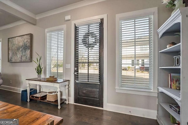 entryway with crown molding and dark wood-type flooring