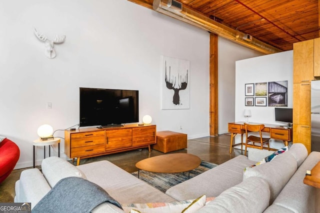 living room with wooden ceiling