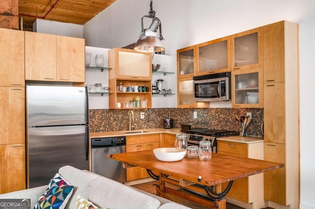 170 Boulevard Se H416, Atlanta, GA 30312 - kitchen featuring stainless steel appliances, decorative backsplash, glass insert cabinets, open shelves, and wooden ceiling
