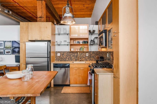 170 Boulevard Se H416, Atlanta, GA 30312 - kitchen with appliances with stainless steel finishes, a wooden ceiling with exposed beams, finished concrete flooring, light countertops, and tasteful backsplash