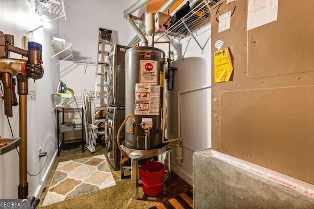 utility room featuring heating unit and water heater