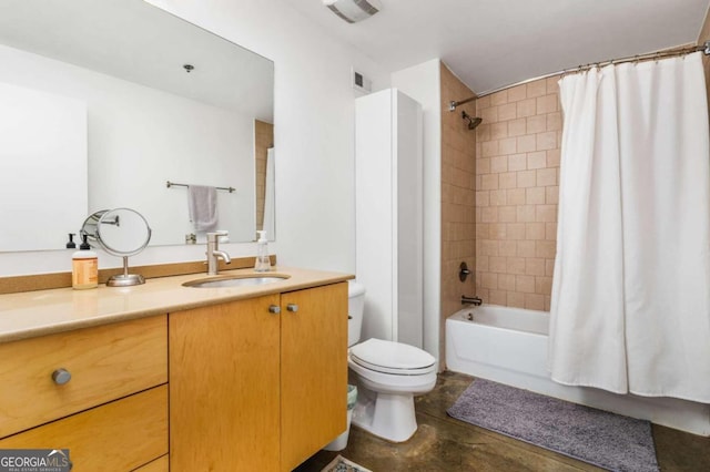 full bathroom with vanity, shower / bath combination with curtain, and toilet