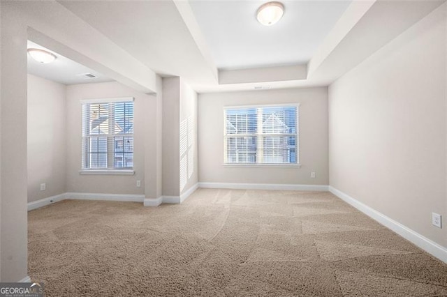 carpeted spare room featuring a tray ceiling