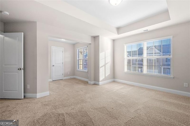 spare room with light carpet and a tray ceiling