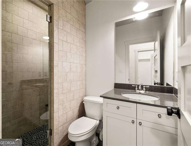 bathroom with vanity, toilet, and a shower with shower door