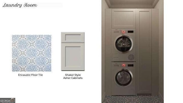 60 Douglas St SE, Atlanta, GA 30317 - clothes washing area featuring estacked washer and dryer, crown molding, and baseboards